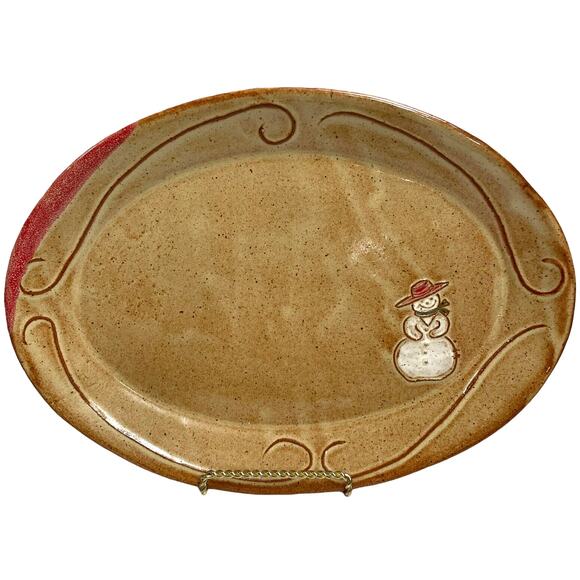 Deep South USA Pottery Snowman Platter Winter Christmas Brown Glazed 13” x 9.5” - Picture 1 of 7